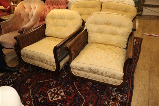 A mahogany and double canework bergere suite Sofa W.145cm